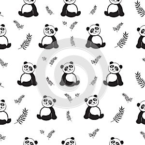 Vector seamless pattern with black panda silhouettes and eucalypt leaves.