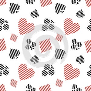 Vector seamless pattern with black and red lined playing card symbols on the white background.