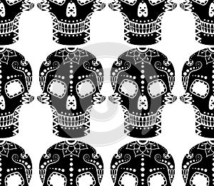 Vector seamless pattern of black sugar skull with floral ethnic ornament on white background