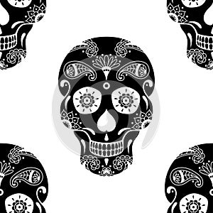 Vector seamless pattern of black sugar skull with floral pattern