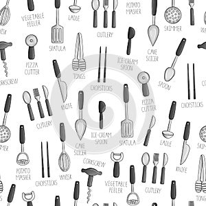 Vector seamless pattern of black and white kitchen tools.