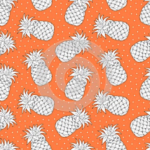 Vector seamless pattern with black and white Pineapple Fruit on juicy yellow background. Cartoon texture, template for design
