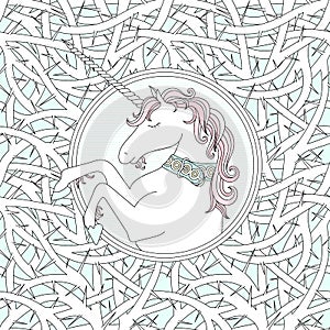 Vector seamless pattern with blackthorn and hand drawn cute unicorn