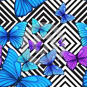 Vector seamless pattern with blue butterfly, black