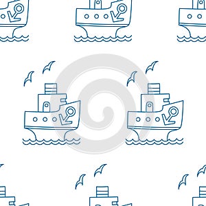 Vector seamless pattern of blue cartoon ship with anchor