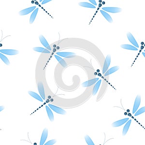 Vector seamless pattern with blue dragonflies on the white background