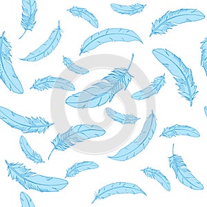 Vector seamless pattern with blue falling feathers on white background in cute cartoon style. Hand drawn vector illustration