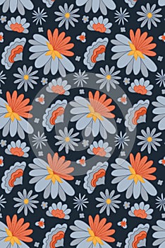 Vector seamless pattern with blue groovy flowers on dark blue background. Nature retro floral texture for fabric and wallpaper.