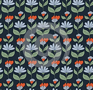 Vector seamless pattern with blue groovy flowers on stems and foliage on dark blue background. Nature retro floral texture