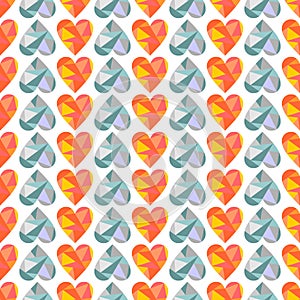 Vector seamless pattern with blue and orange hearts. Polygonal design. Geometric triangular origami style, graphic illustration.