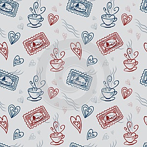 Vector seamless pattern, blue and red heats, stamps and cups on light grey background.