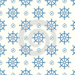 Vector seamless pattern blue ship wheels and compass