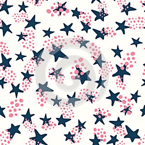 Vector seamless pattern with blue stars and pink dots on white background. Hand drawn cute doodle illustration