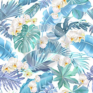 Vector seamless pattern with blue tropical leaves