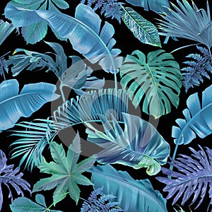 Vector seamless pattern with blue tropical leaves