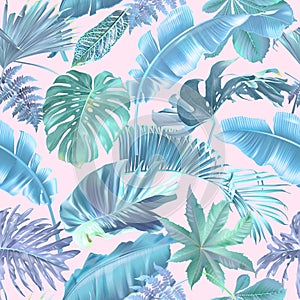 Vector seamless pattern with blue tropical leaves