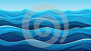 Vector seamless pattern of blue water waves in a horizontal perspective landscape design. Ideal for backgrounds and prints