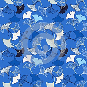 Vector seamless pattern with Blue and white ginkgo leaves falling, illustration abstract autumn leaf drawing on blue background fo