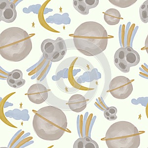 Vector Seamless pattern in boho style with space objects painted in watercolor.