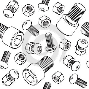 Vector seamless pattern with bolts, nuts and screw with cylinder head on white background