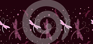Vector Seamless Pattern Border with Dragonfly and glitter effect