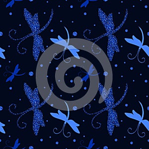 Vector Seamless Pattern Border with Dragonfly and glitter effect