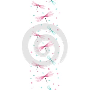Vector Seamless Pattern Border with Watercolor Dragonfly