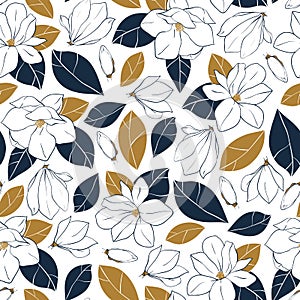 Vector seamless pattern with botanical elements. Magnolia flowers,buds and leaves in deep blue and mustard colors on white backgro