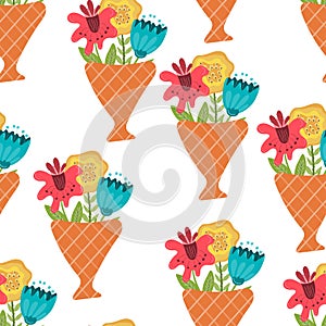 Vector Seamless Pattern with Bouquet with three Flowers