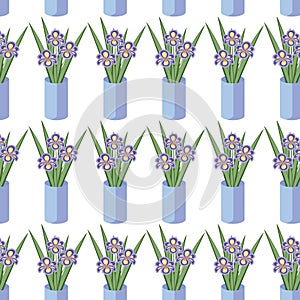 Vector seamless pattern with bouquets of iris flowers in blue vase.