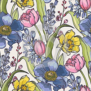 Vector seamless pattern with bouquets of spring flowers, leaves and branches. Endless floral background