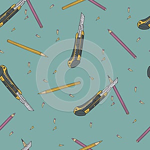 Vector seamless pattern with boxcutter, color pencils and shavings.