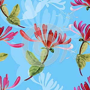 Vector seamless pattern - branch with honeysuckle flowers. Watercolor. Wallpaper. Flowers and leaves. Floral motives.