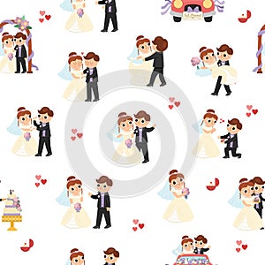 Vector seamless pattern with bride and groom. Cute just married couple repeat background. Wedding ceremony texture. Cartoon