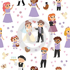 Vector seamless pattern with bride, groom and their guests. Cute just married repeat background with bridesmaids, bridegrooms,