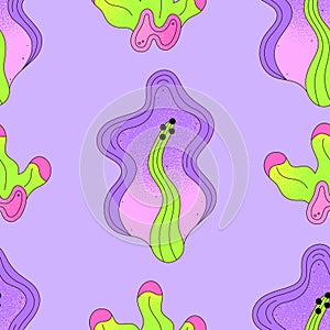 Vector seamless pattern with bright abstract wavy flowers on purple background. Summer or spring floral design for