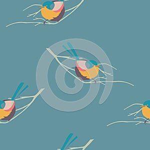 Vector seamless pattern with bright birds and branches