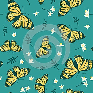 Vector seamless pattern with bright butterflies. Hand drawn texture design