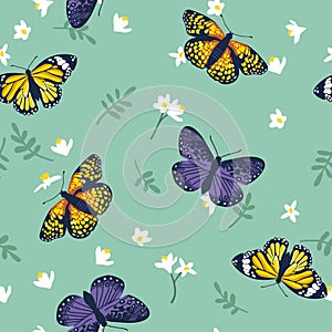 Vector seamless pattern with bright butterflies. Hand drawn texture design