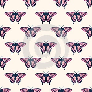 Vector seamless pattern with bright butterflies. Handdrawn texture design