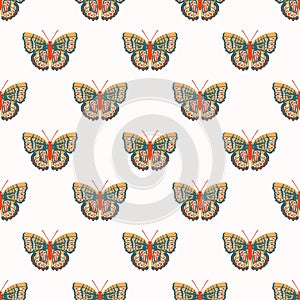 Vector seamless pattern with bright butterflies. Handdrawn texture design