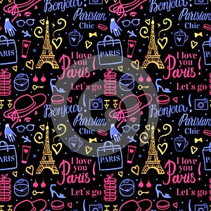 Vector Seamless pattern. Bright color illustration Shopping in Paris at night. Bonjour Lets go Travel Fashion. Dark background.