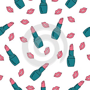 vector seamless pattern with bright juicy lips pink and lipstick