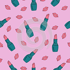 Vector seamless pattern with bright juicy lips red and lipstick