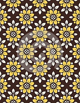 Vector seamless pattern with bright orange sunflowers on black background. Stylized flower in geometric diamond pattern