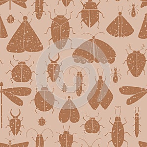 Vector seamless pattern with brown grunge insects, moths, bugs, ants, dragonfly. Trendy endless background.