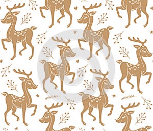 Vector seamless pattern of brown hand drawn deer
