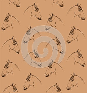 Vector seamless pattern of brown sketch horse head