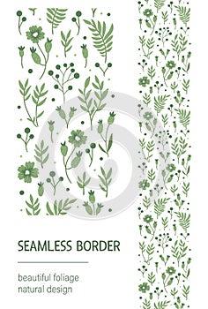 Vector seamless pattern brush with green leaves, berries, flowers on white background. Floral border ornament.