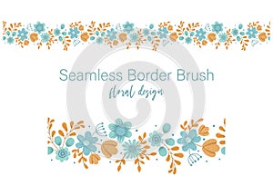 Vector seamless pattern brush of green leaves with orange and blue flowers on white background. Floral border ornament. Trendy